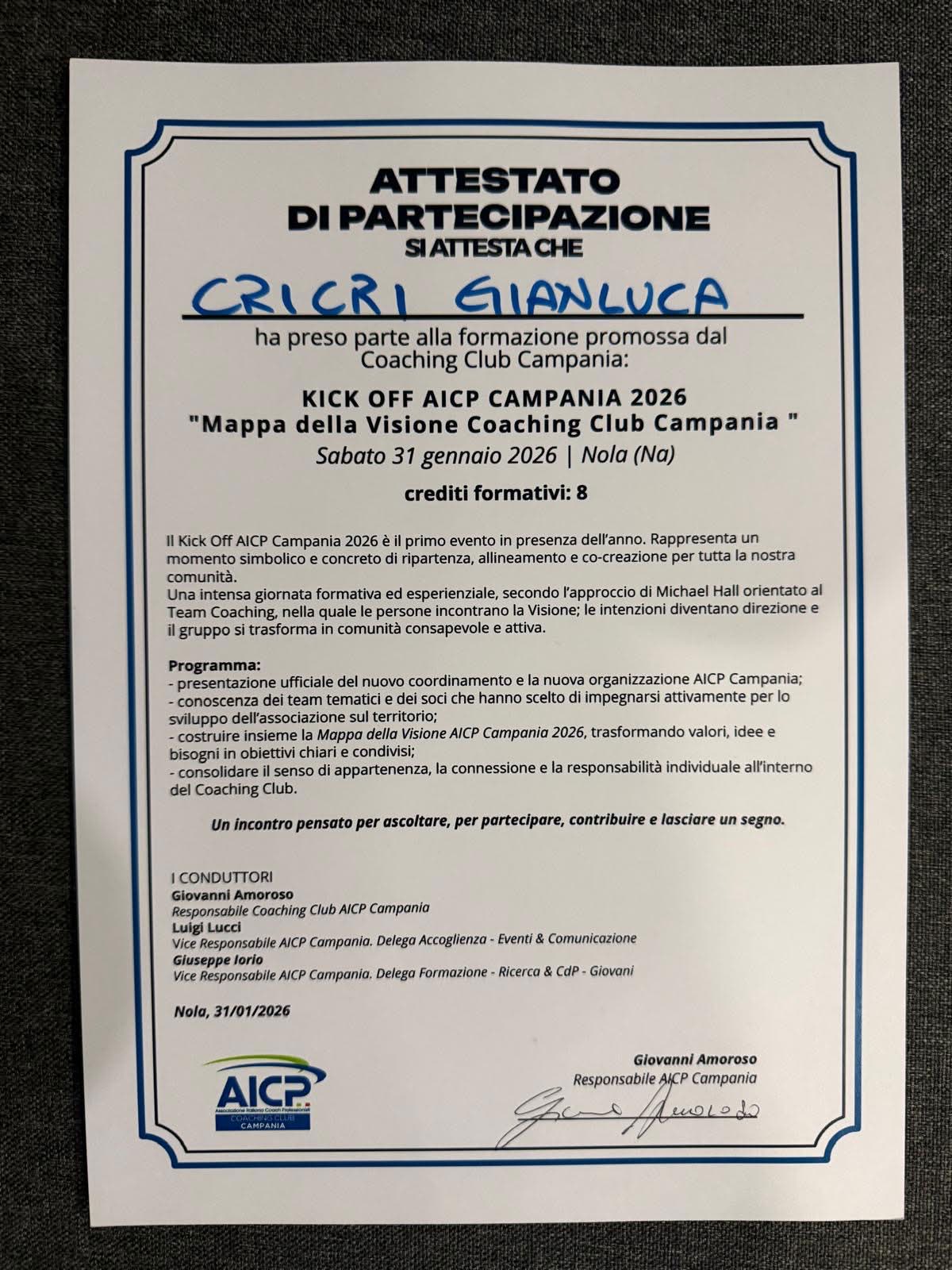 Attestato Kick Off AICP Campania 2026 di Gianluca Cricrì