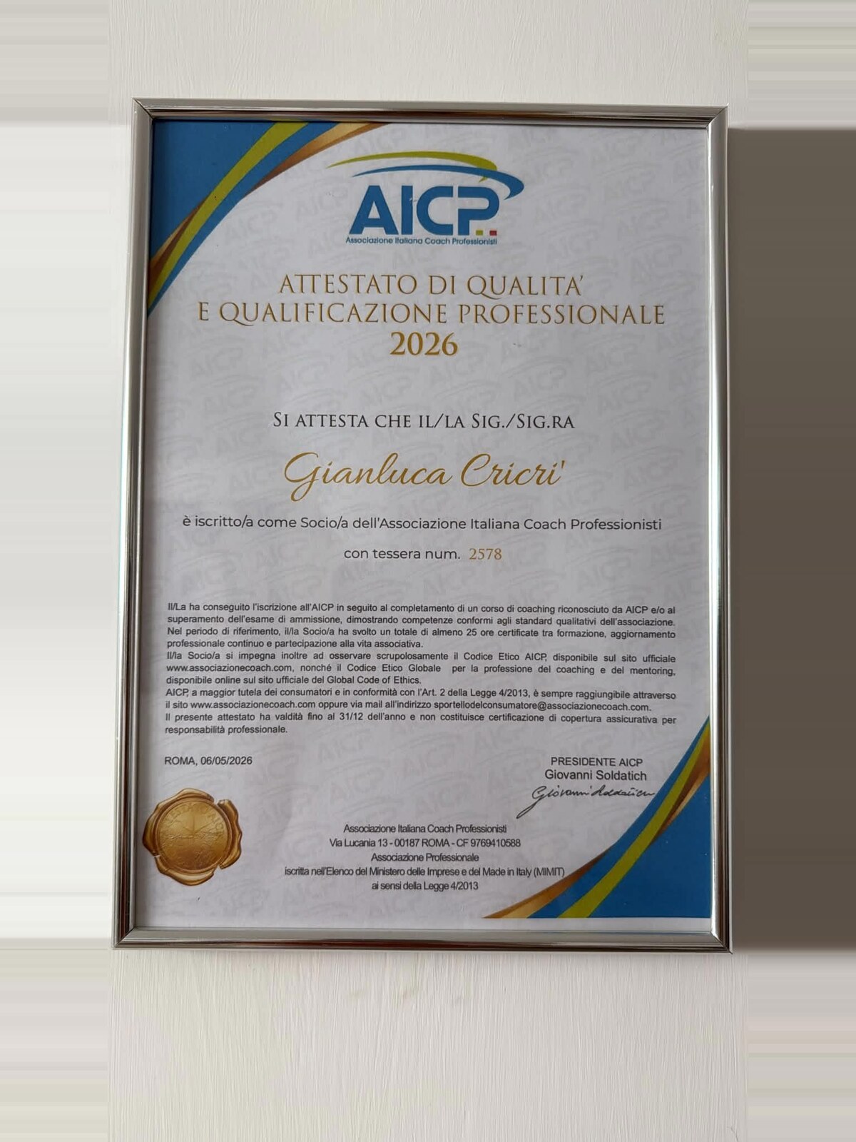 Attestato di Qualità e Qualificazione Professionale AICP 2026 di Gianluca Cricrì